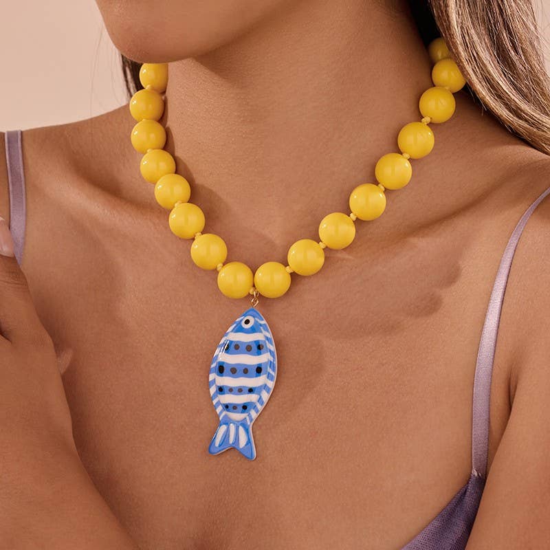 Yellow Fish Pendant Beaded Necklace
