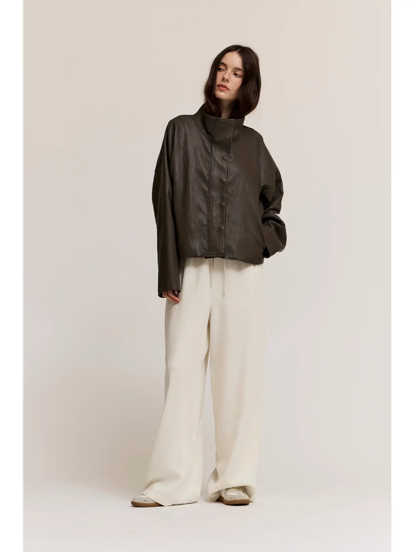 Dark Olive High Collar Leather Jacket