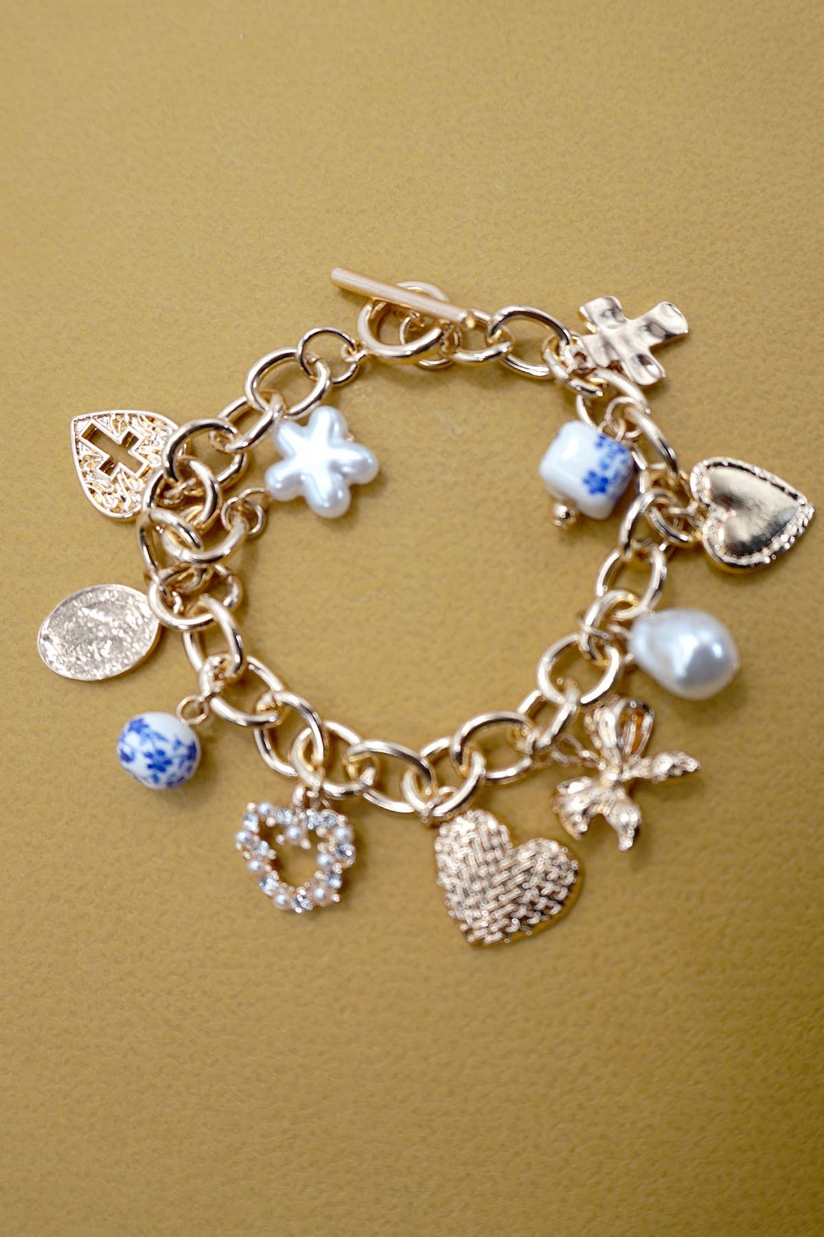 CERAMIC PORCELAIN HEART BOW PEARL CHARM BRACELET