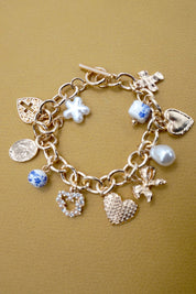 CERAMIC PORCELAIN HEART BOW PEARL CHARM BRACELET