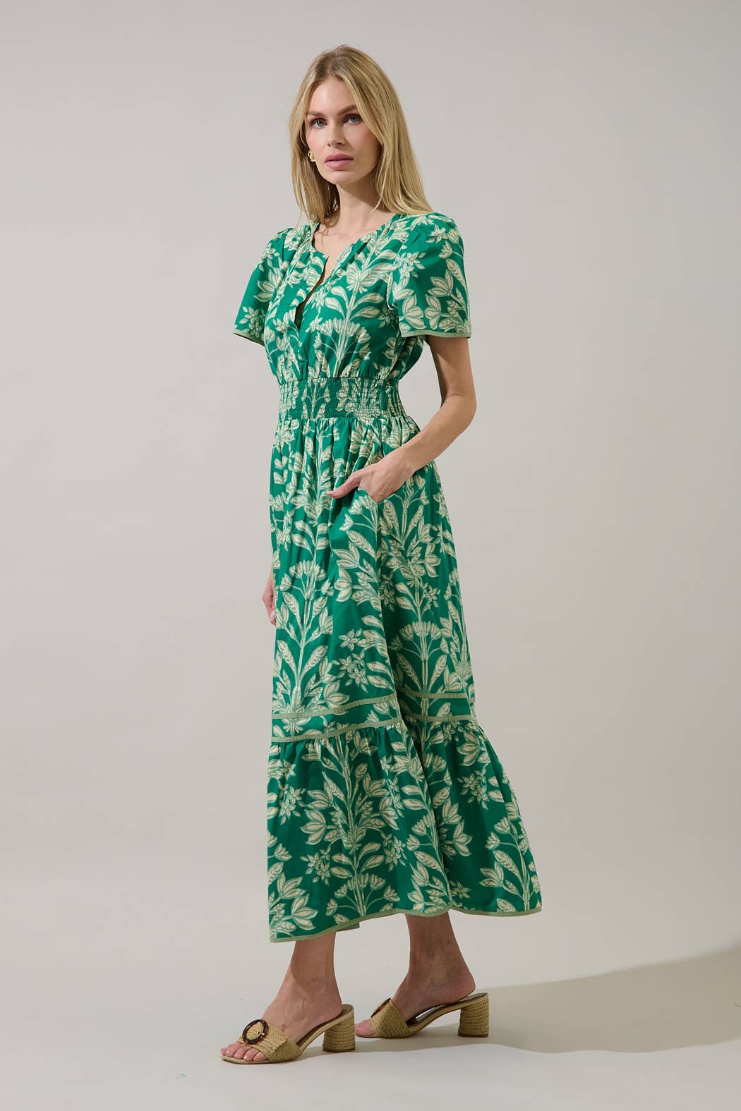 Green Smocked Midi Floral Dress