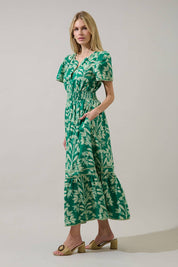 Green Smocked Midi Floral Dress