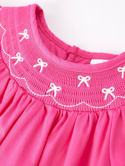 Girls Bow Smocking Embroidery Hot Pink