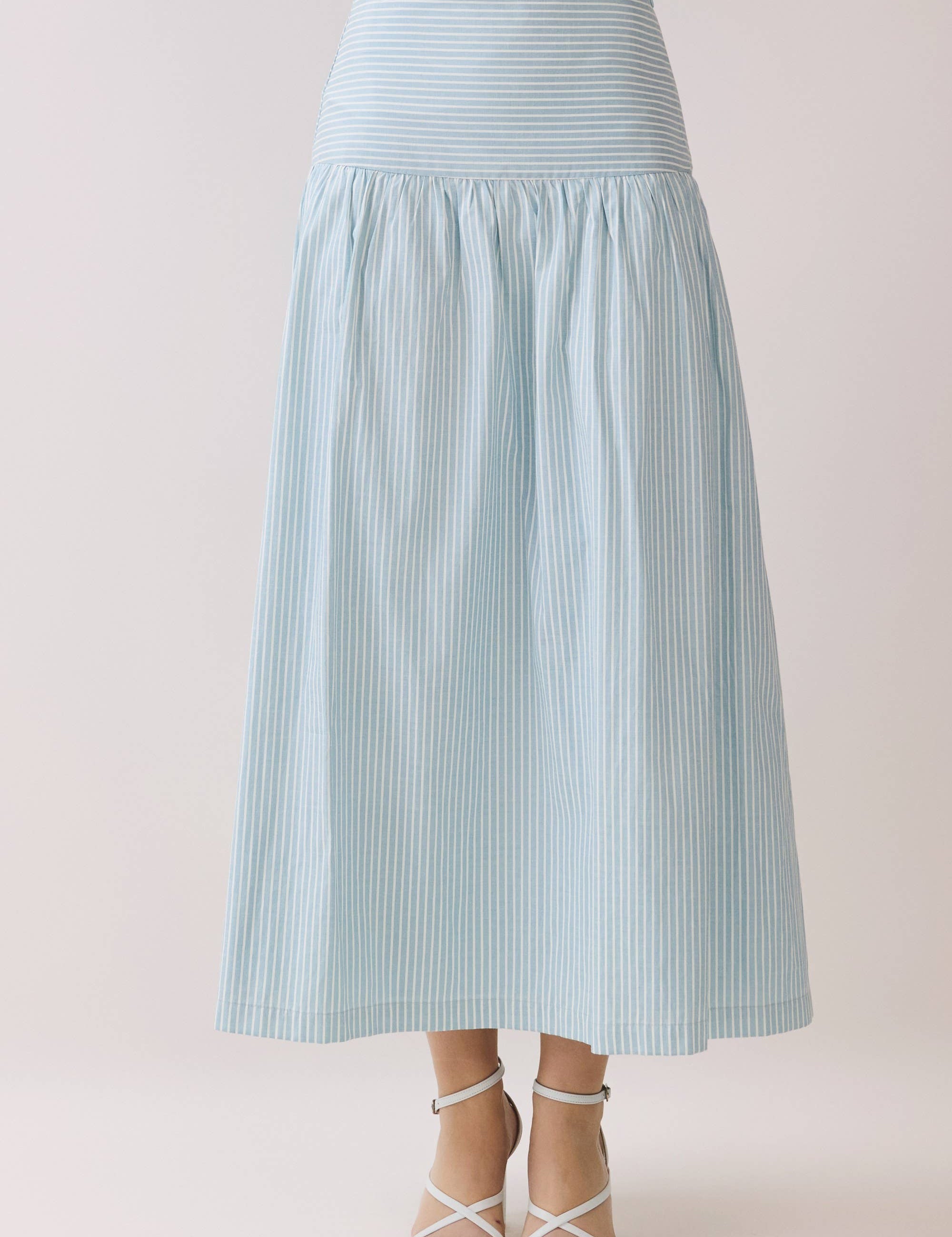 Blue Striped Drop Waist Midi Skirt