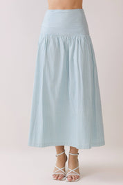 Blue Striped Drop Waist Midi Skirt