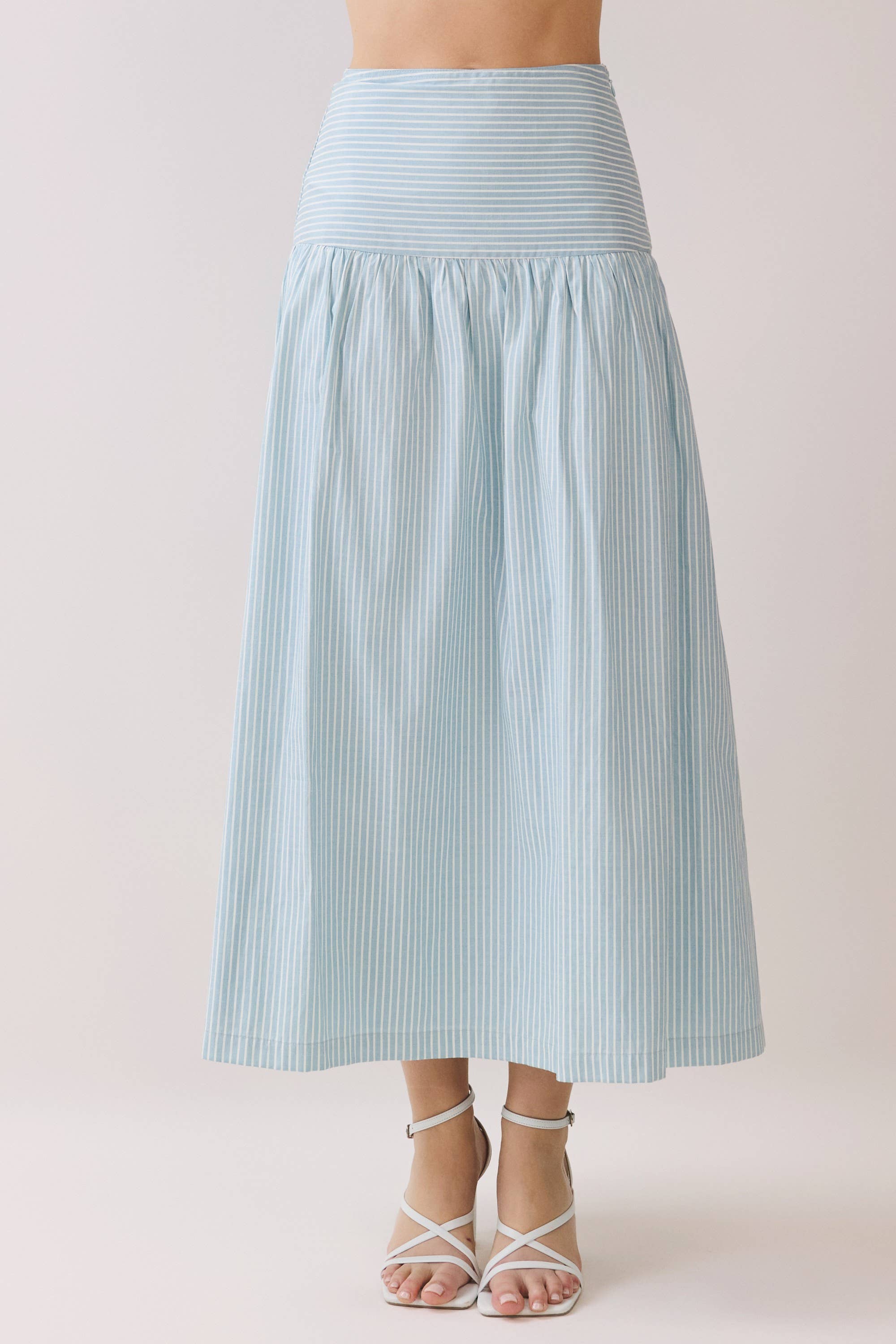 Blue Striped Drop Waist Midi Skirt