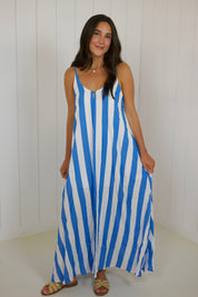 Blue Stripe Open Back Maxi Dress