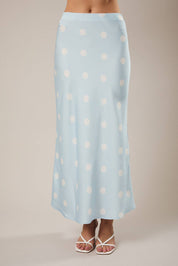 Light Blue Polka Dot Satin Midi Skirt