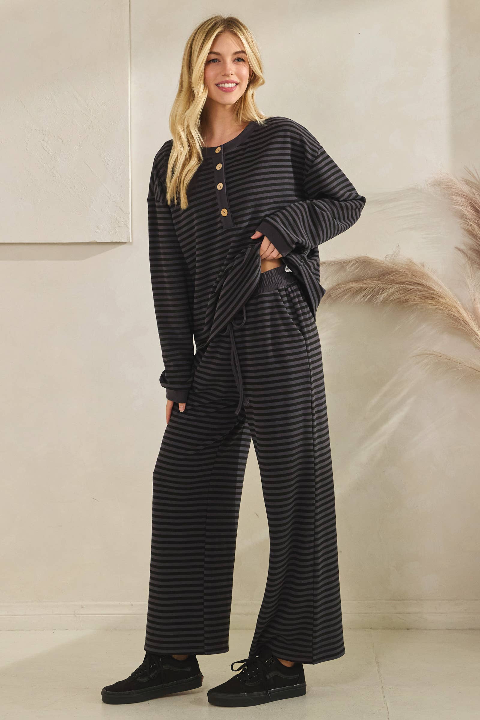 Striped Button Henley Brushed Lounge Set