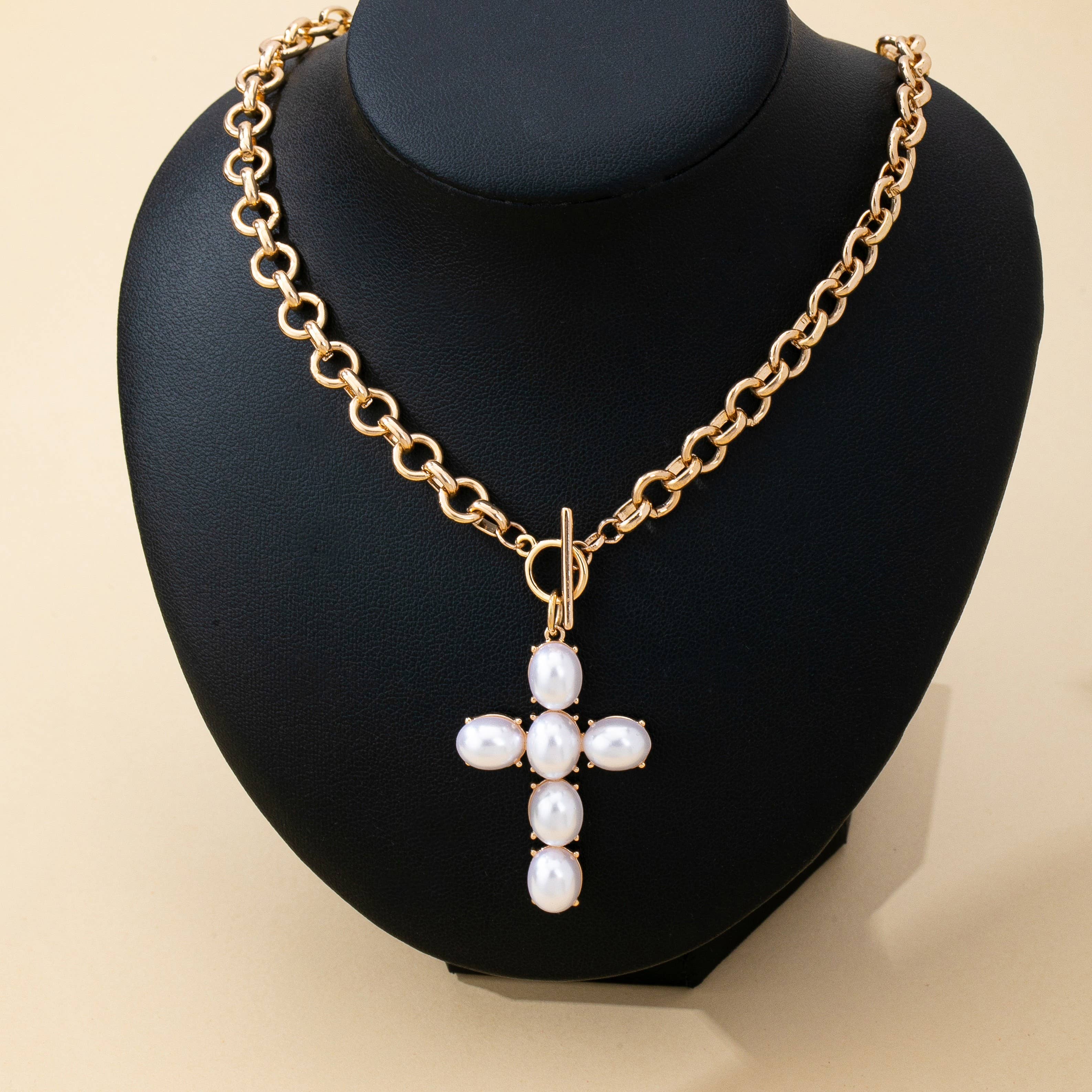 Gold Pearl Cross Toggle Necklace
