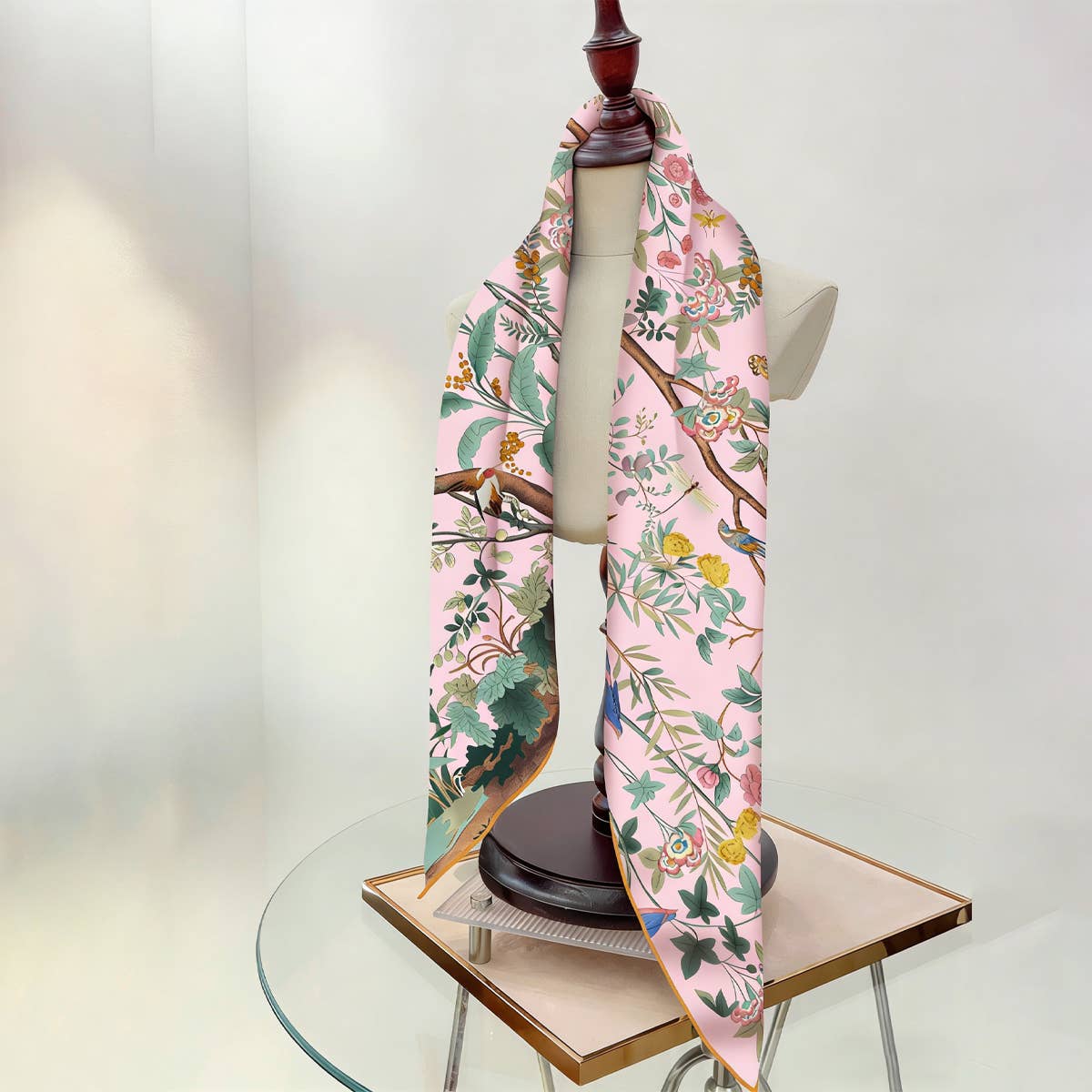 Pink Jungle Birds Twill Silk Sun Scarf — color: pink