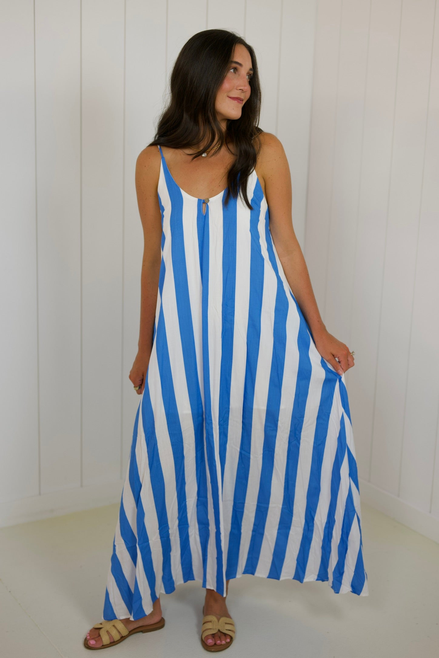 Blue Stripe Open Back Maxi Dress