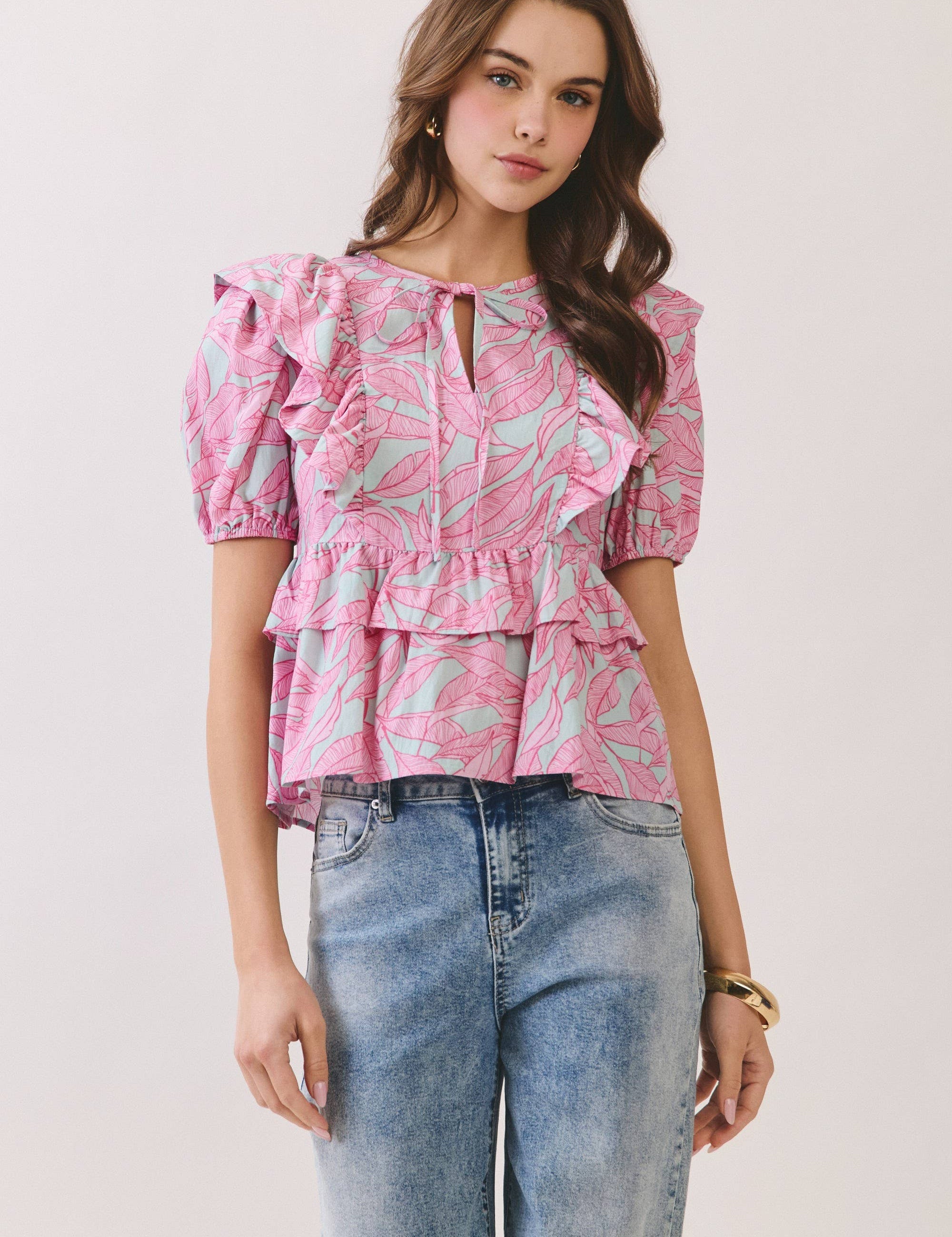 Tropical Leaf Ruffle Peplum Top