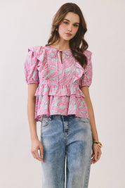 Tropical Leaf Ruffle Peplum Top