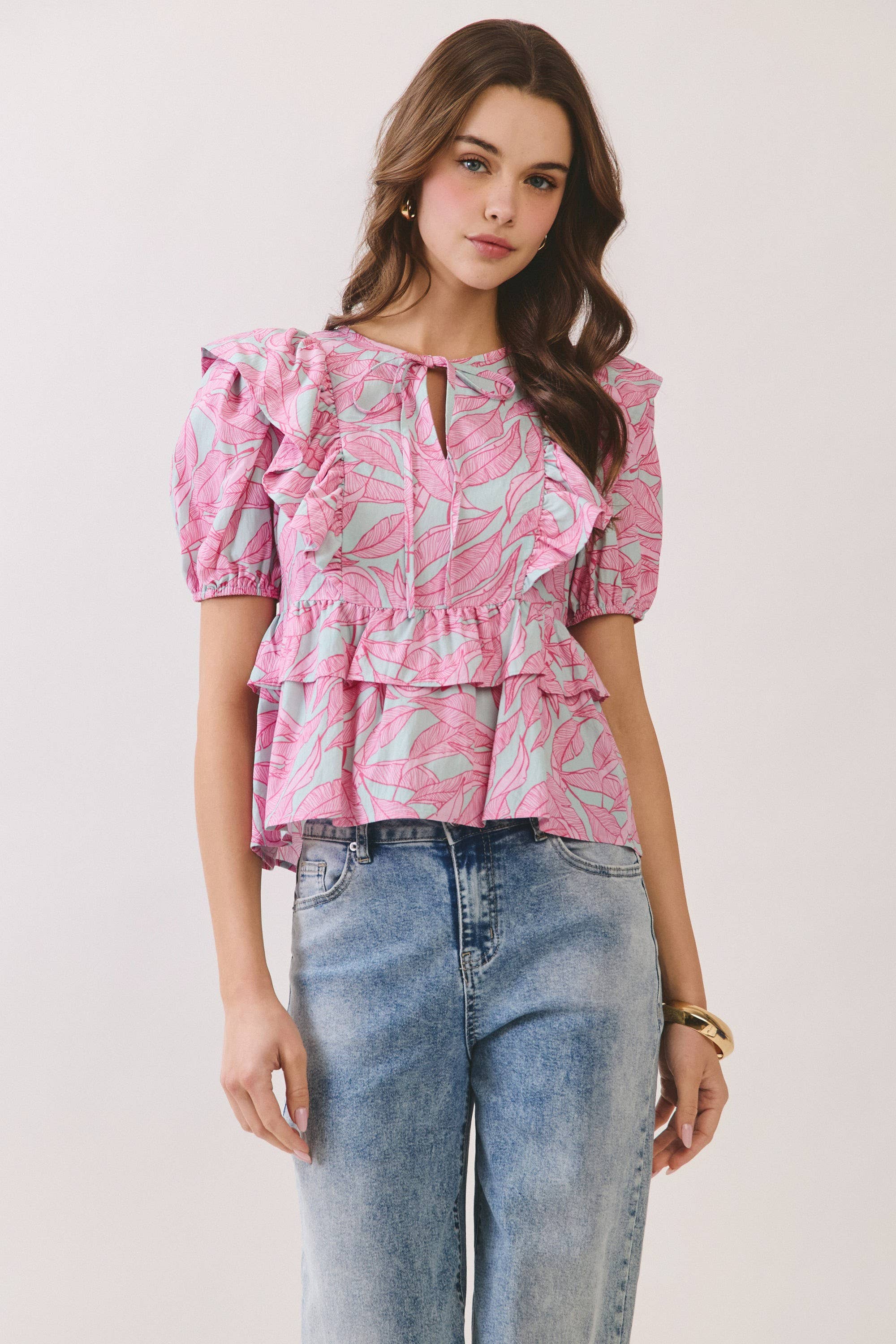 Tropical Leaf Ruffle Peplum Top