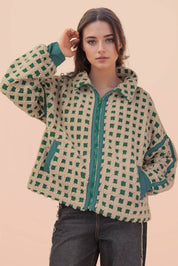 Gray & Green Oversized Checker Fleece Jacket