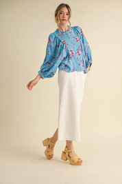 Blue Floral Dolman Sleeve Blouse