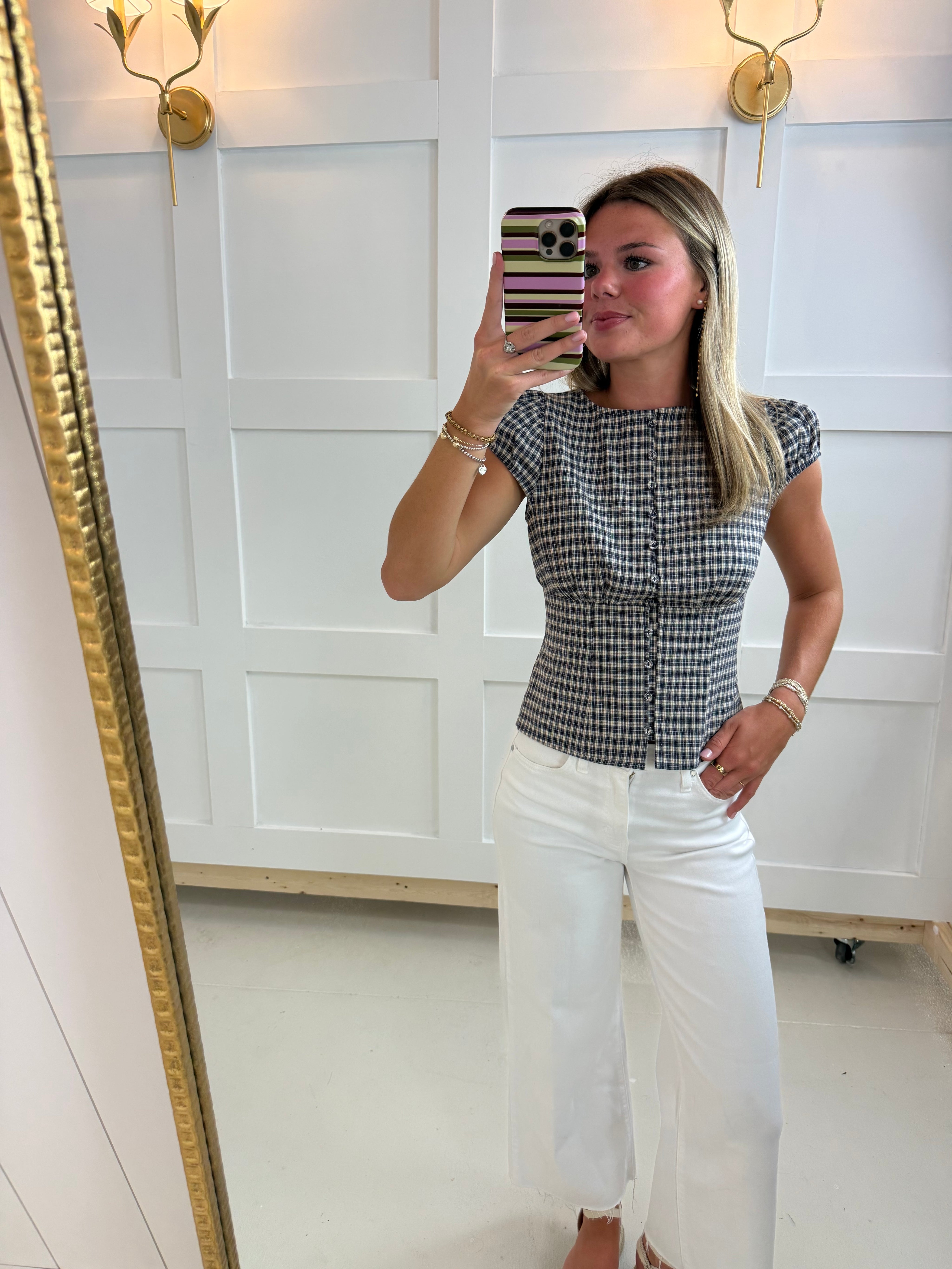 Navy Plaid Cinched Top