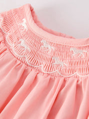 Coral Horse Smocking Embroidered Romper