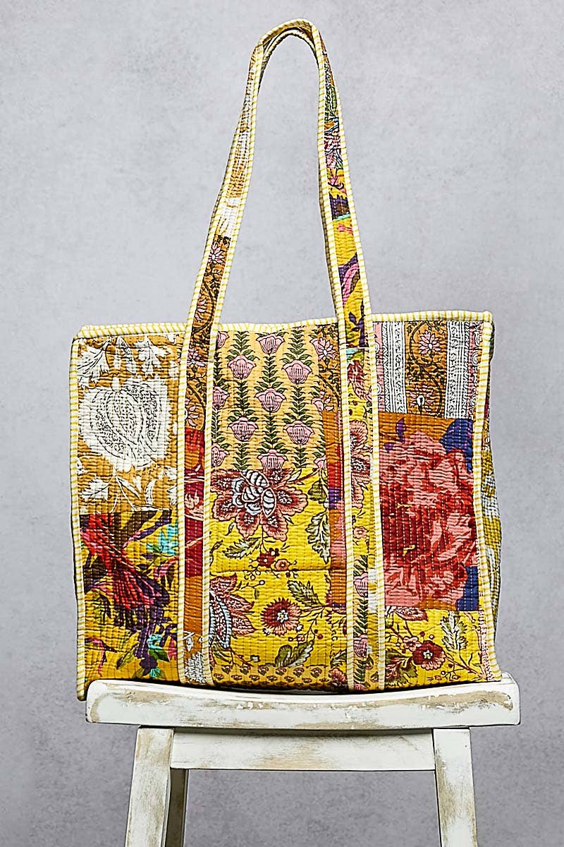 Yellow Quilted Striped Tote Bag