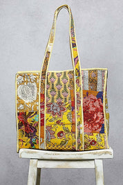 Yellow Quilted Striped Tote Bag