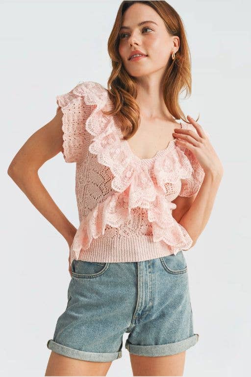 Pink Ruffle Knit Lace Top — color: pink and v-neckline