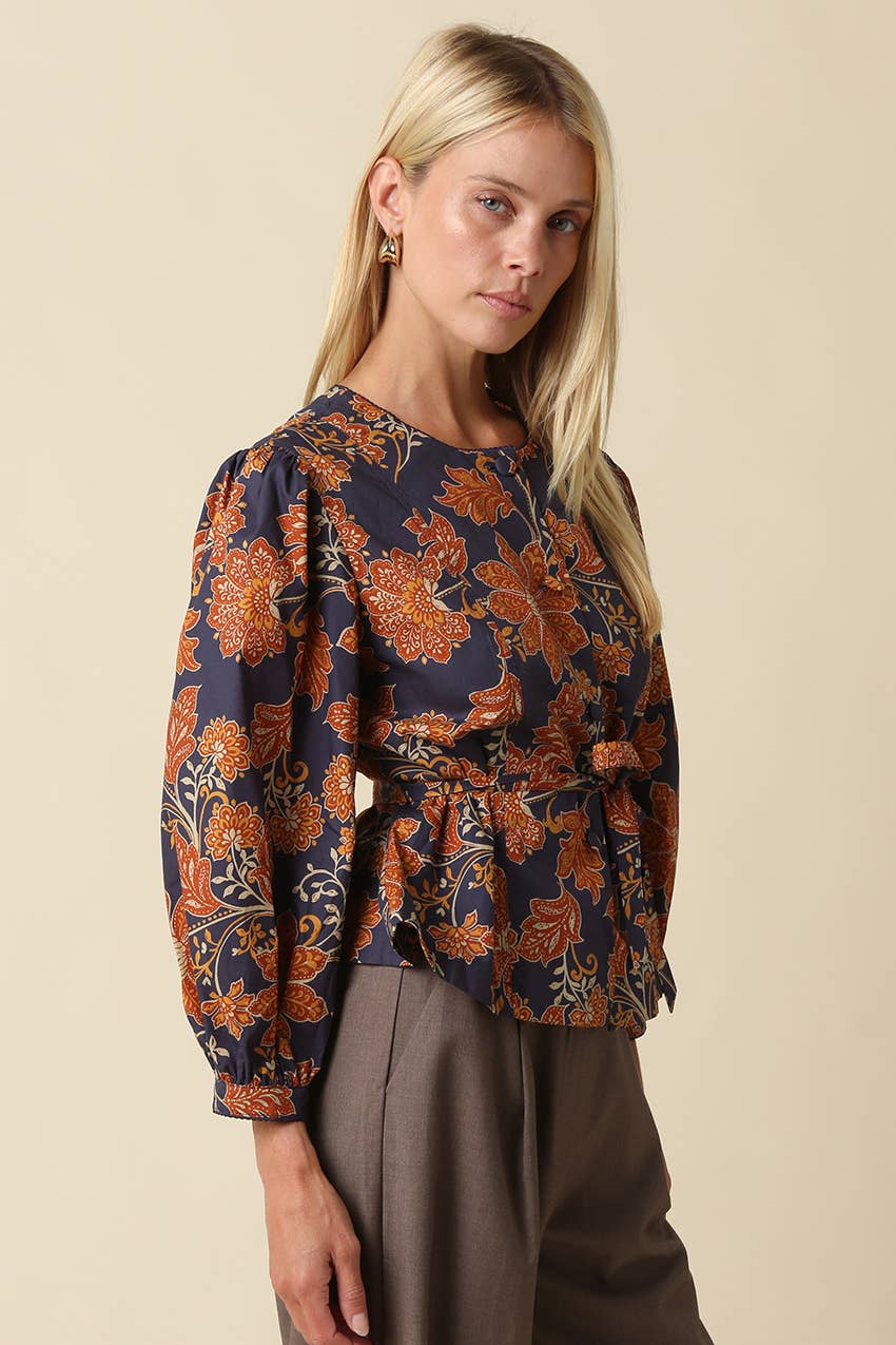 Navy & Orange Floral Tie Waist Blouse showing floral
