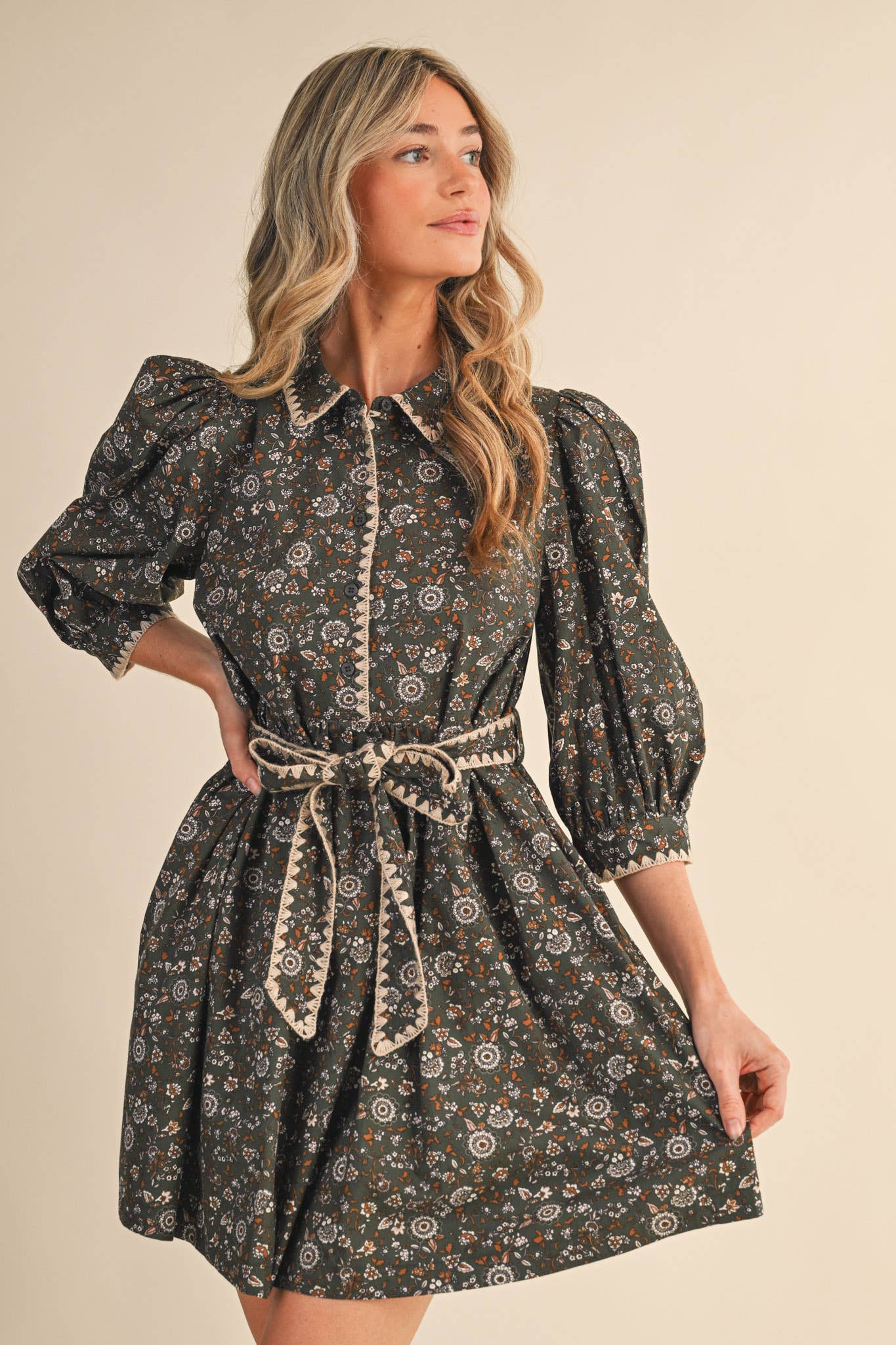 Olive Puff Sleeve Floral Mini Dress