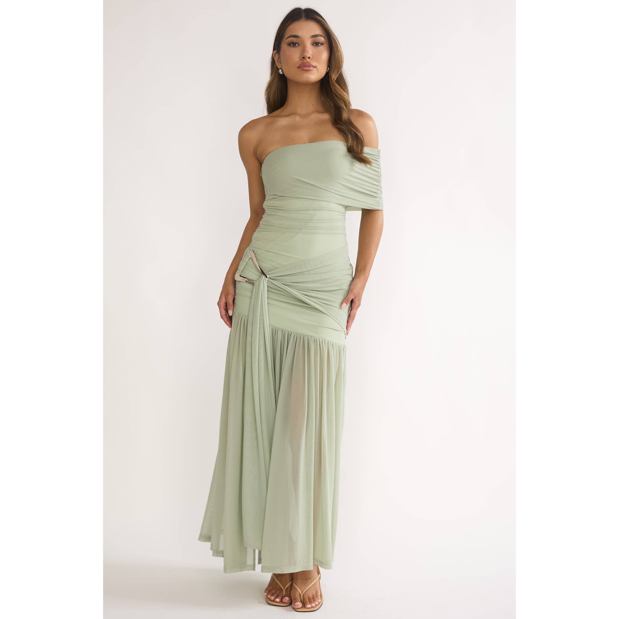 Green Asymmetrical Off Shoulder Dress