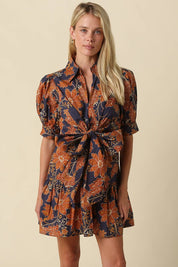 Navy & Orange Tie Front Floral Mini Dress — front tie and floral print