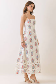 Cream Floral Cutout Detail Midi Dress