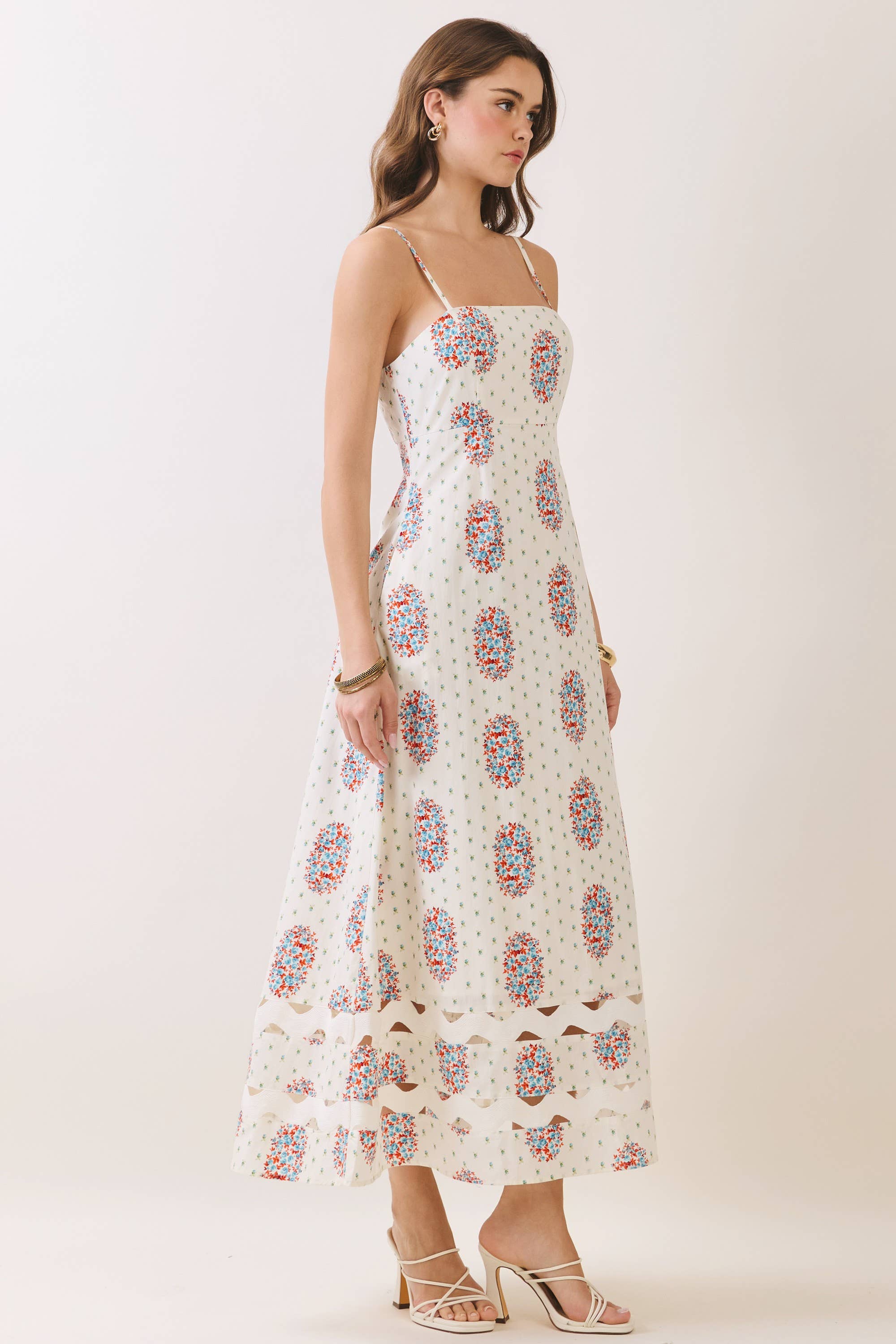 Cream Floral Cutout Detail Midi Dress