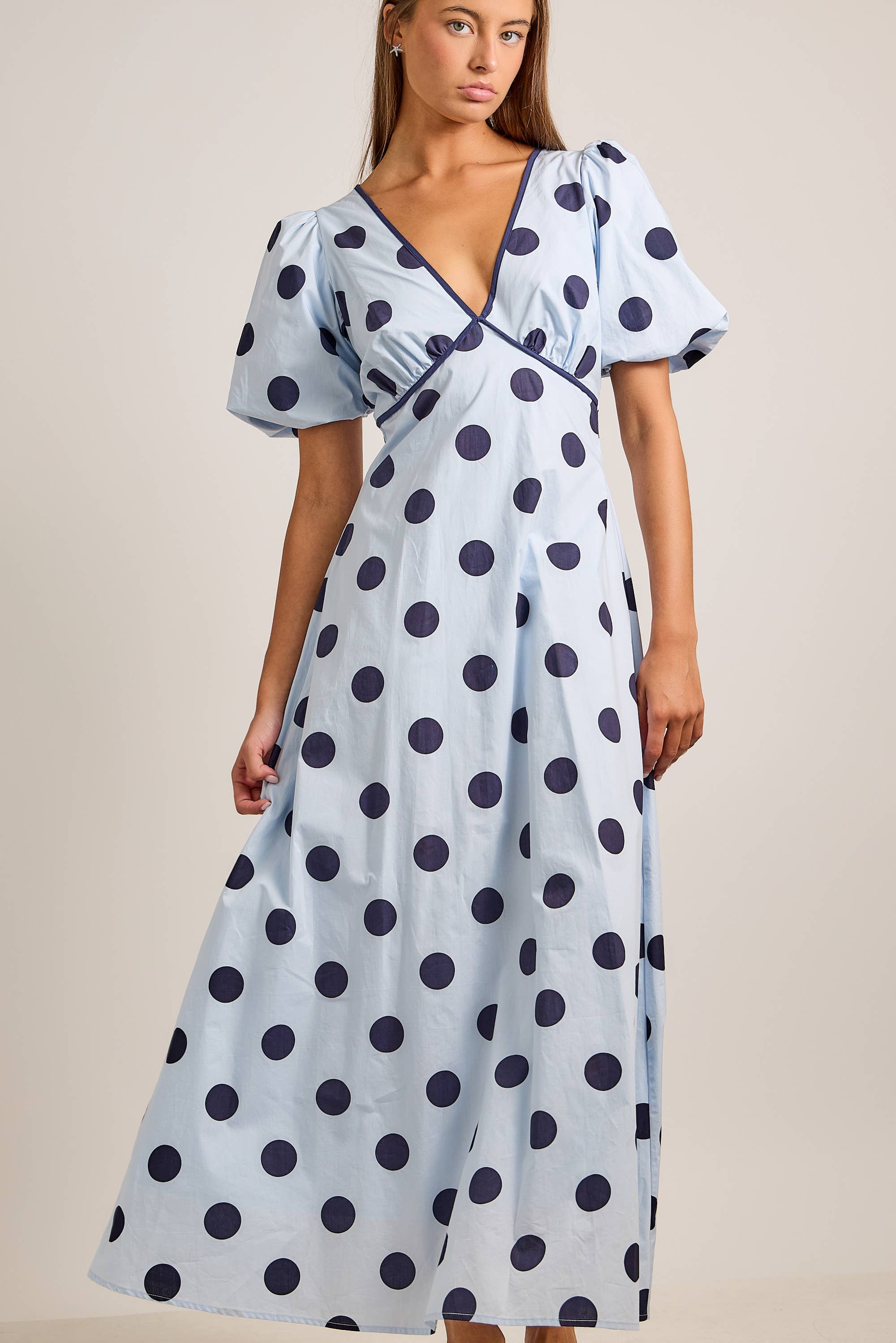 Deep V-neck Maxi Dress With Bubble Sleeves