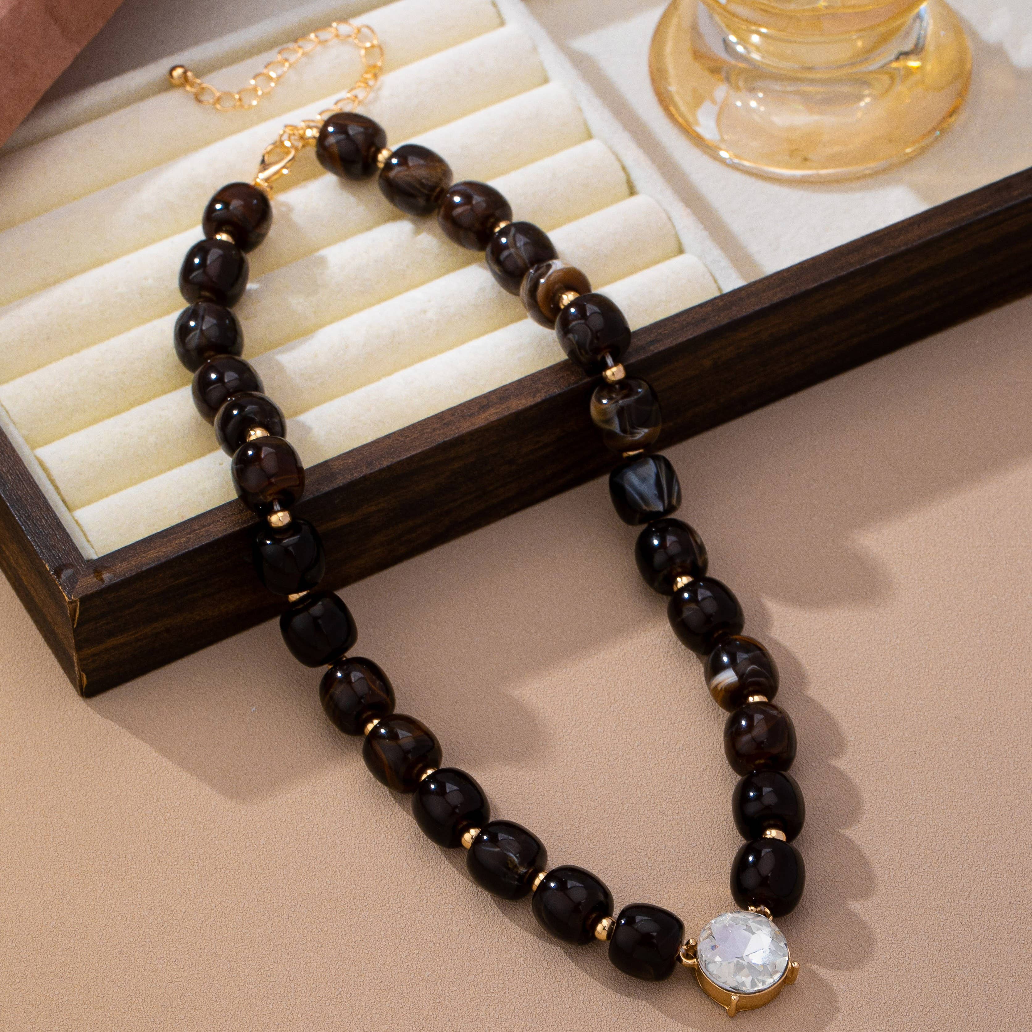 Brown Resin Bead Crystal Pendant Necklace