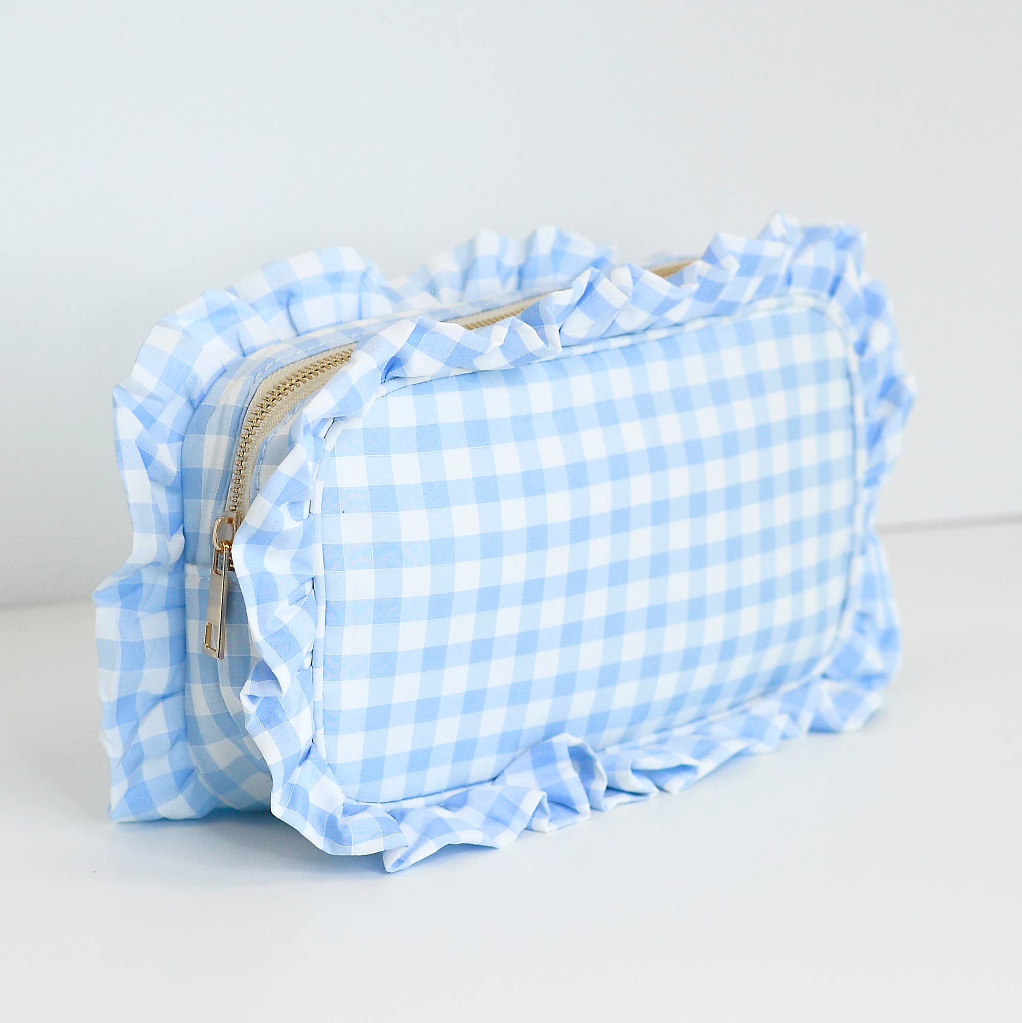 Light Blue Gingham Frilly Makeup Bag