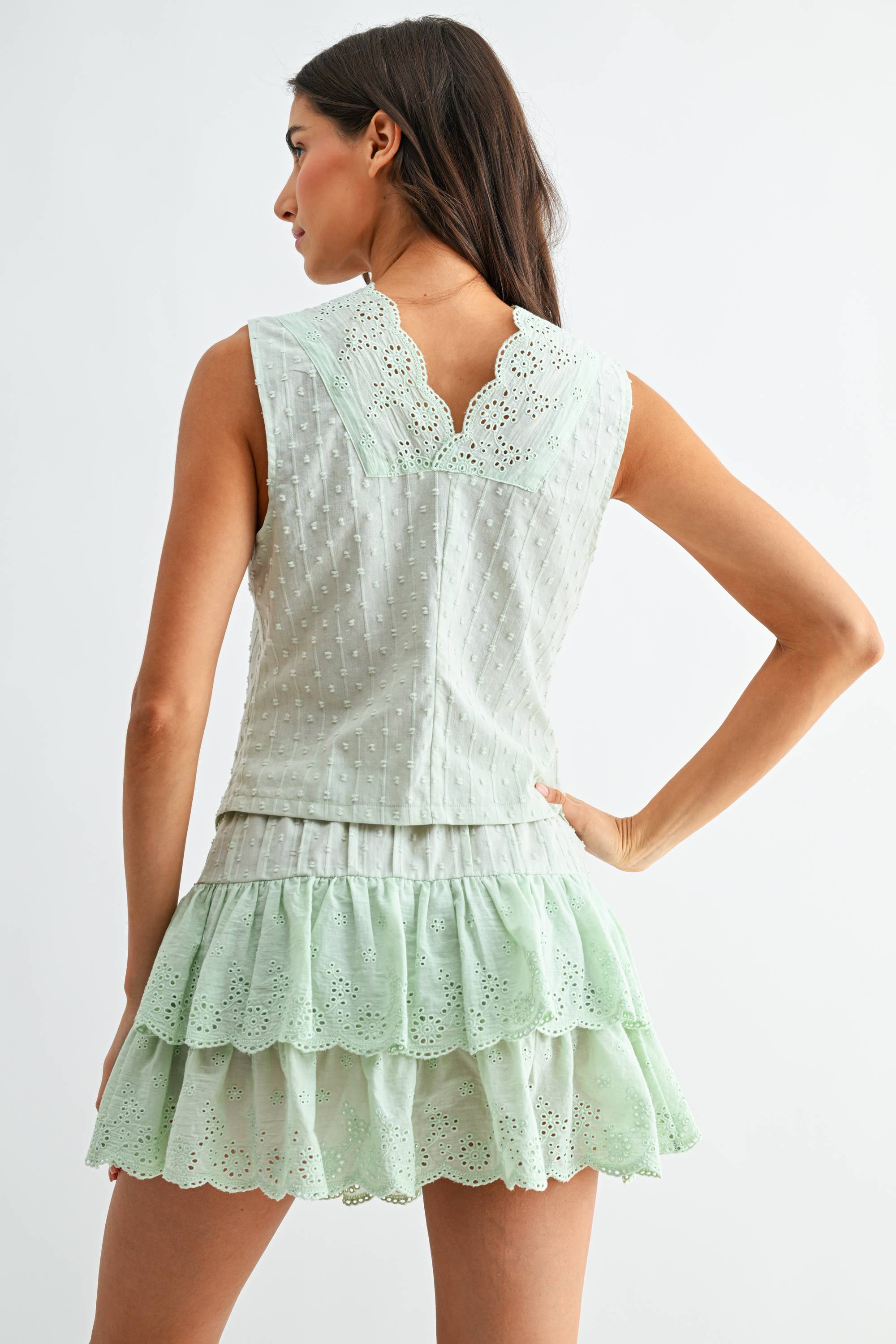 Green Eyelet Top and Skirt Set