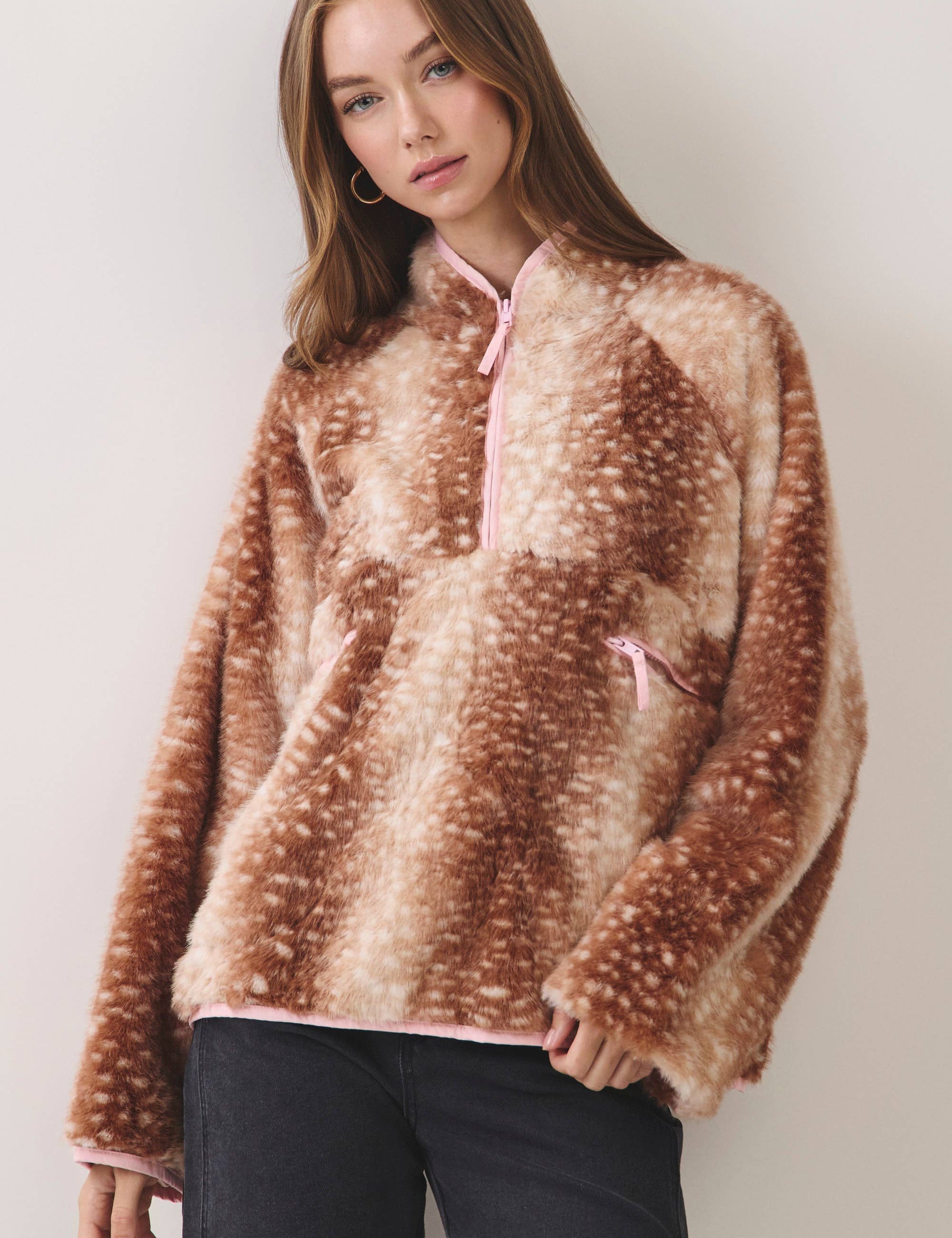 Brown Deer Print Faux Fur Half-Zip Jacket — deer faux print and half zip