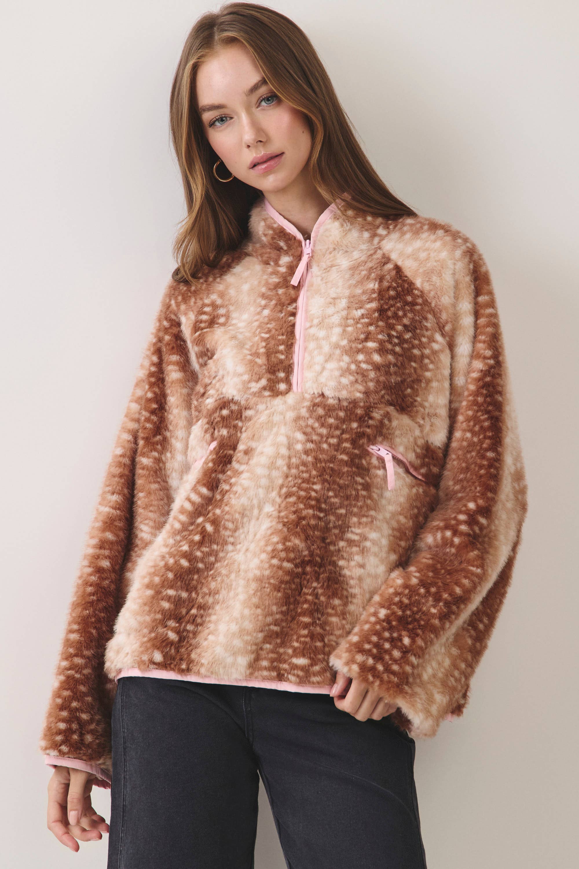Brown Deer Print Faux Fur Half-Zip Jacket — deer faux print and half zip