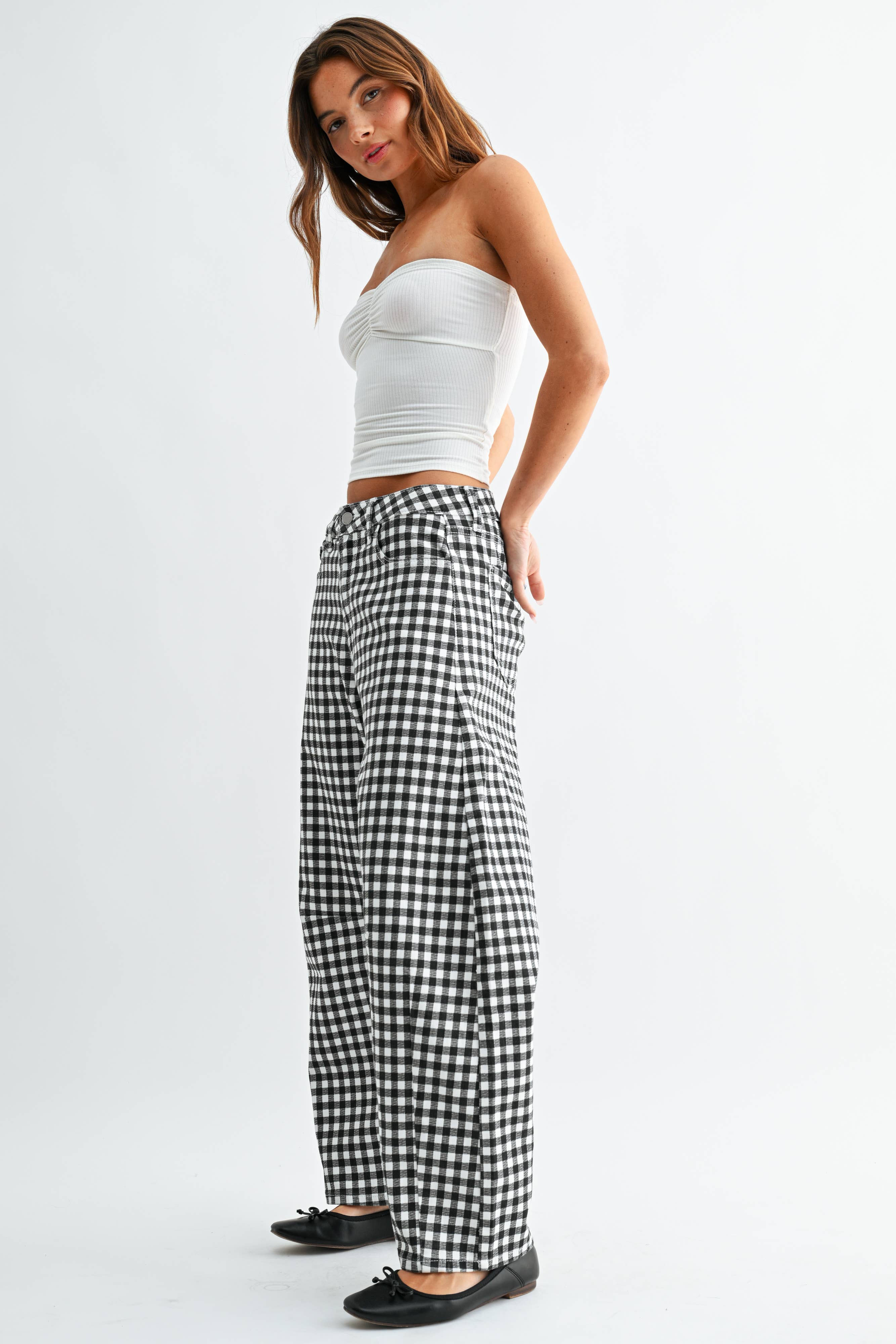 Black & White Gingham Barrel Jean