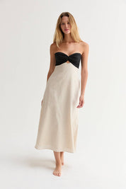 Linen Colorblock Front Twist Midi Dress