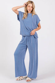 Blue Striped Rib Knit Lounge Set