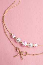 PINK CERAMIC PORCELAIN PEARL BOW LAYER NECKLACE