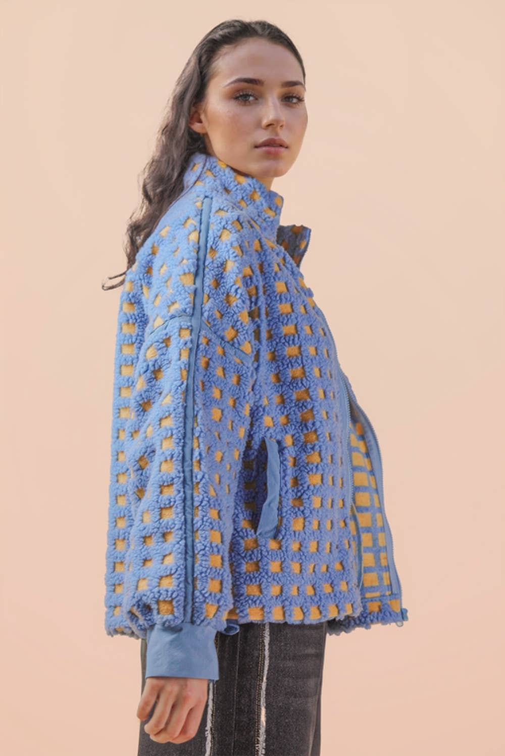 Blue/Orange Oversized Checker Fleece Jacket