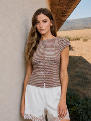 Brown Plaid Cinched Top