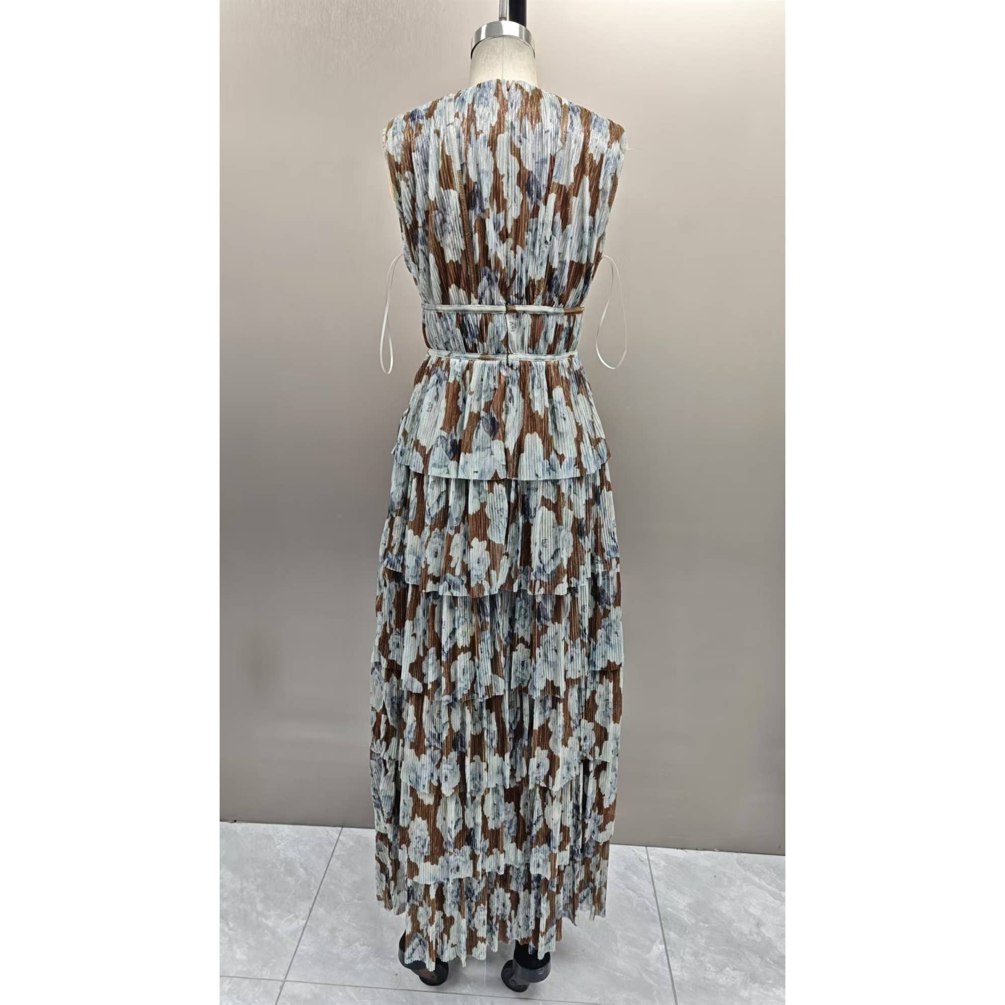 Brown Floral Plunging Ruffled Maxi Dress
