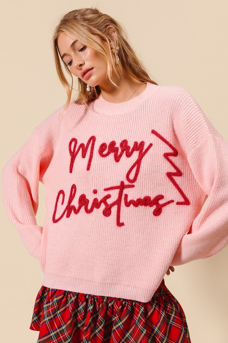 Pink & Red Merry Christmas Tinsel Sweater