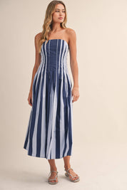 Blue Strapless Striped Midi Dress