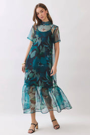 Green Sheer Floral Overlay Maxi Dress