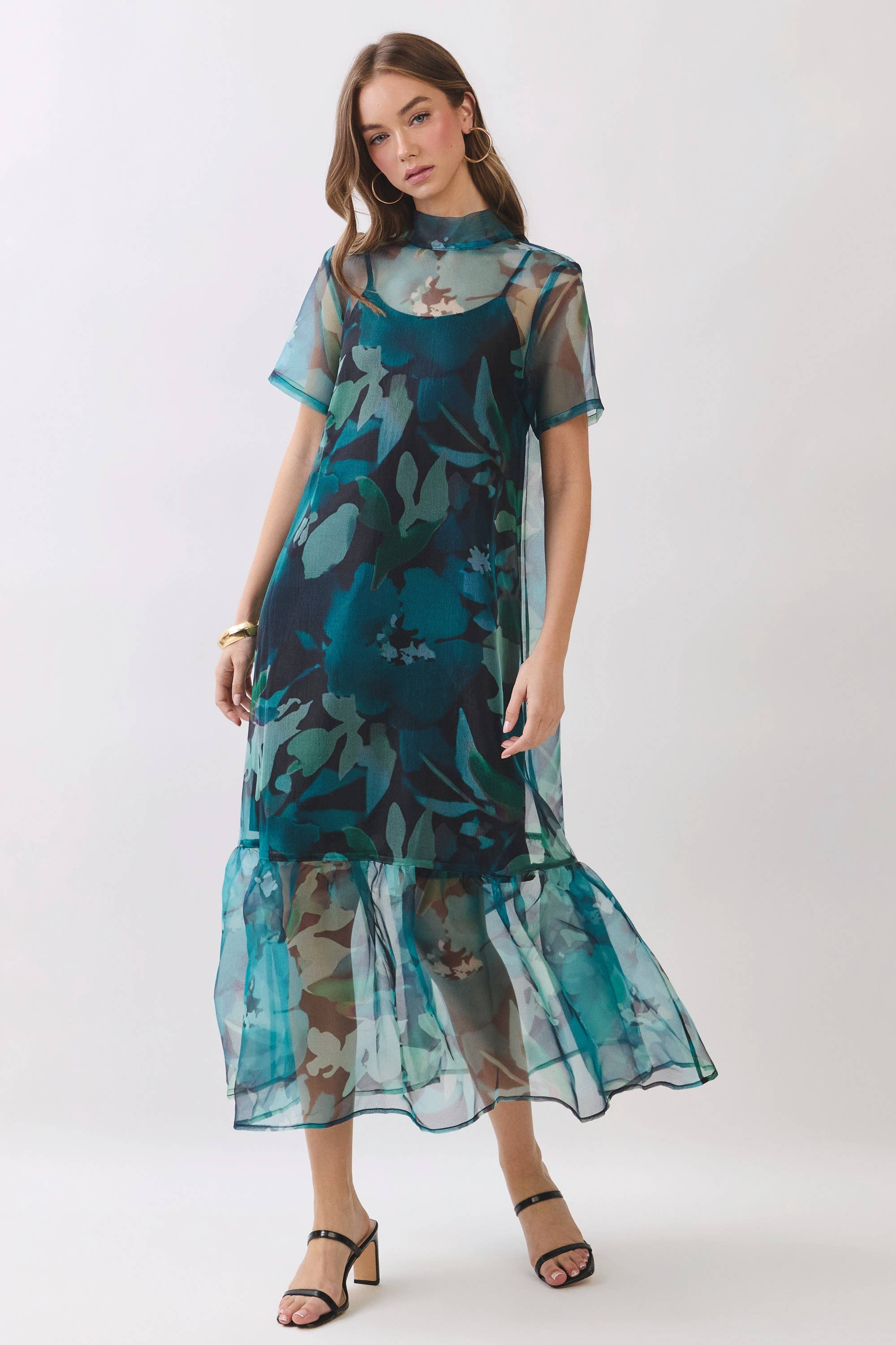 Green Sheer Floral Overlay Maxi Dress