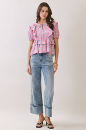 Tropical Leaf Ruffle Peplum Top
